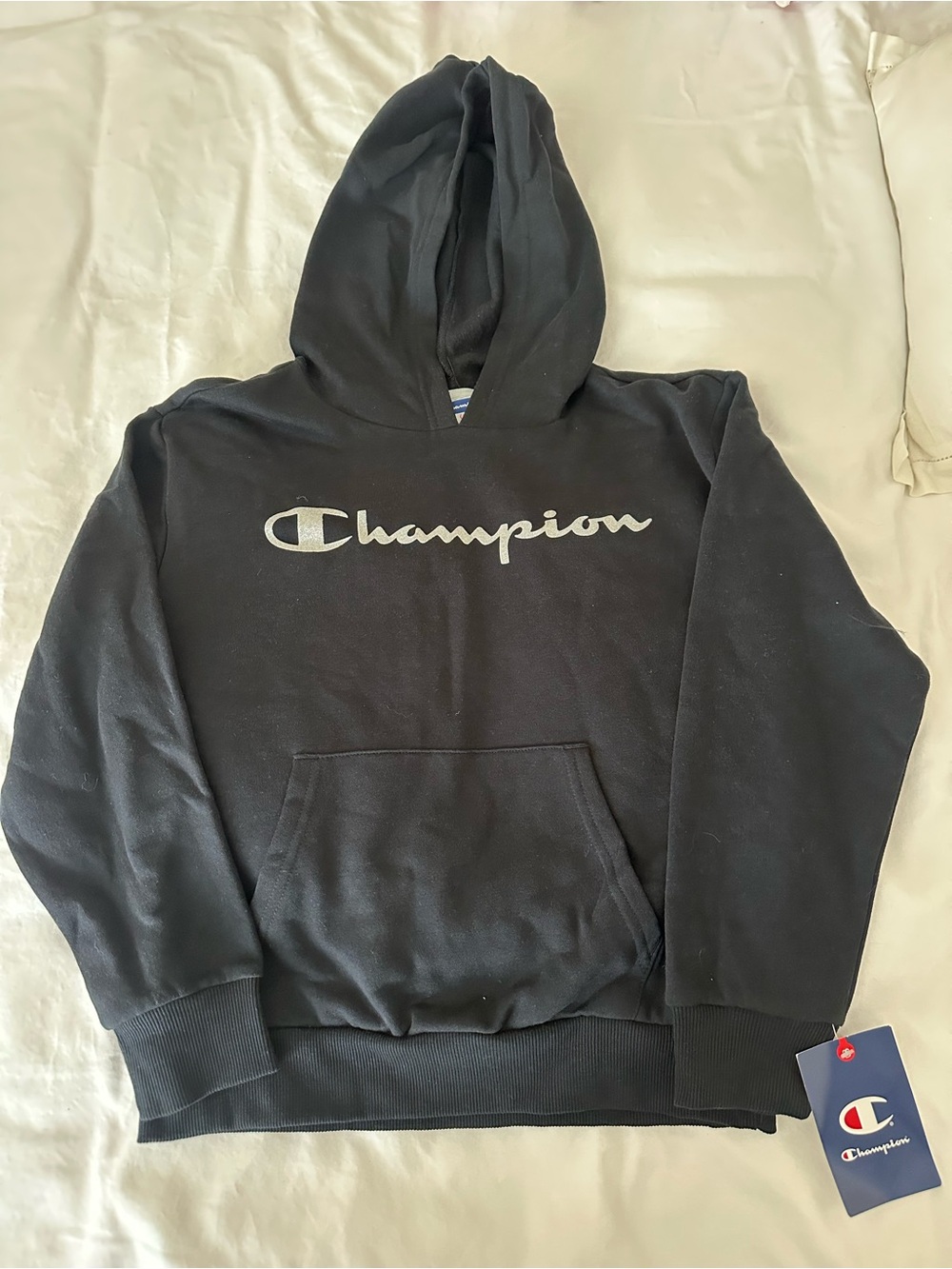 Champion Black Child Hoodie with Silver Script Logo